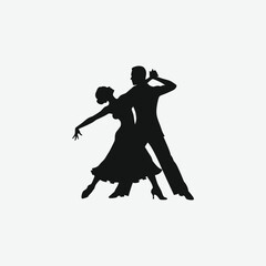 Silhouette of elegant ballroom dancers in motion. Male in suit, female in flowing dress, captured in a graceful pose. Perfect for dance, romance, and artistic vector projects.
