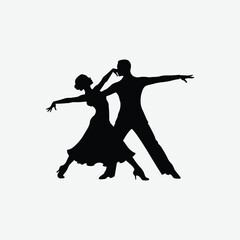 Silhouette of elegant ballroom dancers in motion. Male in suit, female in flowing dress, captured in a graceful pose. Perfect for dance, romance, and artistic vector projects.