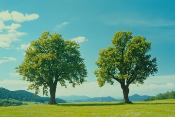 Two majestic trees stand side by side under a clear blue sky in a serene landscape with rolling hills, Camera from right to left, under blue sky, two big green trees on green field