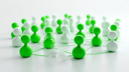 Obraz premium Green and white figurines connected by lines, representing a network or social connections on a white surface.