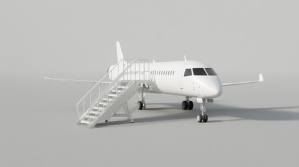 Commercial jet aircraft with white exterior is positioned next to set of metal stairs, designed for passenger boarding. scene conveys sense of readiness for travel and efficiency in air transport