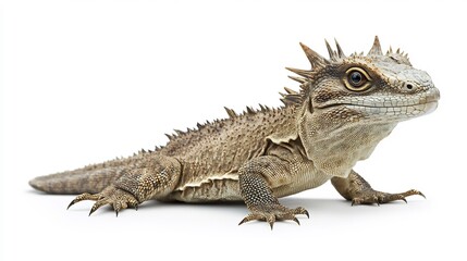 Naklejka premium Prehistoric looking tuatara lizard standing motionless spiny crest running down its back isolated on a white background