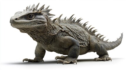 Obraz premium Prehistoric looking tuatara lizard standing motionless spiny crest running down its back isolated on a white background