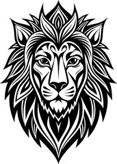 Obraz premium Majestic Lion Head Emblem: A striking lion head emblem in bold black and white, embodying strength and regal elegance, with intricate artistic detail.