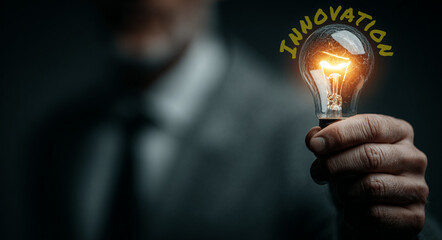 A businessman holds a glowing light bulb in his hand, symbolizing innovation, creativity, and visionary thinking—key elements driving business growth and success.