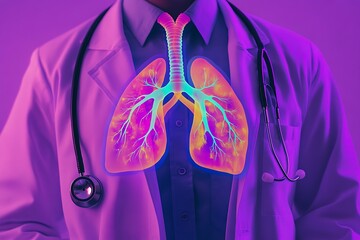 Doctor Wearing White Coat with Stethoscope and Lungs X Ray Overlay Purple and Teal Hues A I G E N E R A T E D