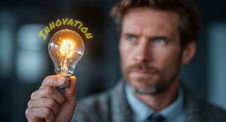 A businessman holds a glowing light bulb in his hand, symbolizing innovation, creativity, and visionary thinking—key elements driving business growth and success.