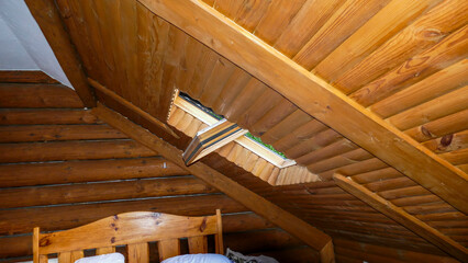 open window in a sloping roof of Massandra, bed, interior, wooden holiday home, journey, tourism