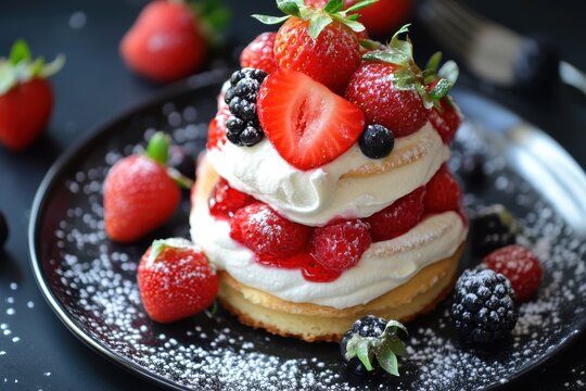 Delicious strawberry shortcake topped with fresh berries on a black plate, Strawberry shortcake on black plate with fresh berries and cream