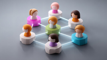 Obraz premium Wooden figurines connected by lines represent a network or social connections among people in a collaborative or community setting.