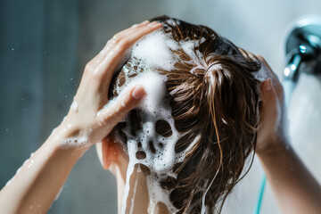 Girl washing hair with shampoo close up background..