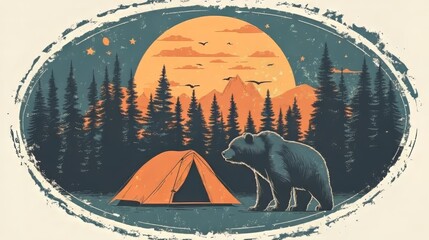 Retro-style badge with big bear and camping tent in pine forest