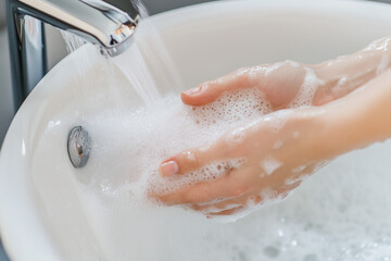 Girl washing hands with soap in sink close up background.