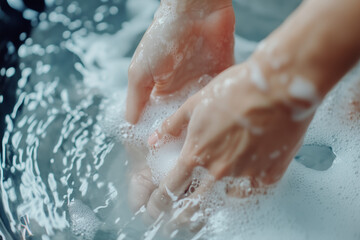 Girl washing hands with soap in sink close up background.