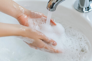 Girl washing hands with soap in sink close up background.