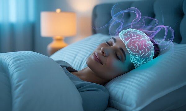 Woman Sleeping with Glowing Brain Visualization in Dark Room