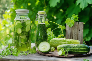 Cucumber juice drink on rustic table with brine background...