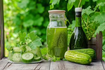 Cucumber juice drink on rustic table with brine background...