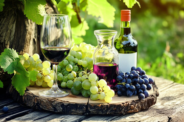 Bottle of wine and grapes on table in restaurant close up background..
