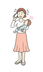 急な発熱をした子供を抱いて焦り医療機関に電話する母親