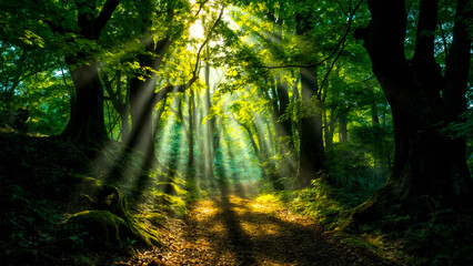 Sunlight pierces through trees in a magical forest.