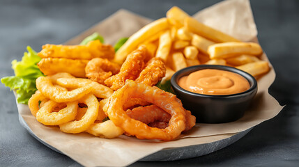A delightful assortment of savory, golden, crispy fried chicken, fries, and onion rings, accompanied by a variety of dipping sauces, is perfect for a hearty and satisfying meal.