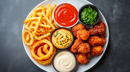 A delightful assortment of savory, golden, crispy fried chicken, fries, and onion rings, accompanied by a variety of dipping sauces, is perfect for a hearty and satisfying meal.