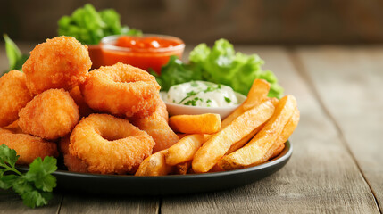 A delightful assortment of savory, golden chicken nuggets, fries, and onion rings, accompanied by a variety of dipping sauces, is perfect for a hearty and satisfying meal