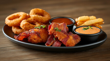 A delicious platter of crispy bacon strips, golden onion rings, and French fries, served with dipping sauce, is perfect for a flavorful and satisfying comfort food meal.