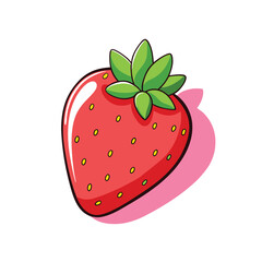 Obraz premium Cartoon Strawberry Illustration Vibrant Red Fruit with Green Leaves and Pink Shadow