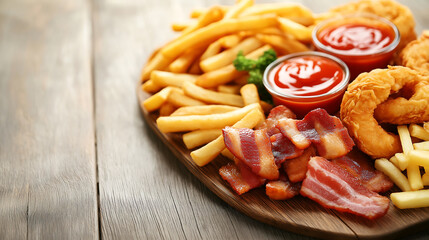 A delicious platter of crispy bacon strips, golden onion rings, and French fries, served with dipping sauce, is perfect for a flavorful and satisfying comfort food meal.