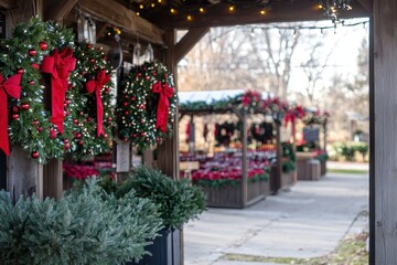 Festive holiday market adorned with red bows and winter decorations inviting visitors to explore, Outdoor holiday market with festive decorations and wreaths