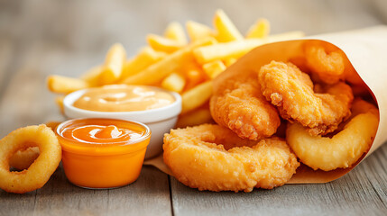 A delightful assortment of savory, golden, crispy fried chicken, fries, and onion rings, accompanied by a variety of dipping sauces, is perfect for a hearty and satisfying meal.