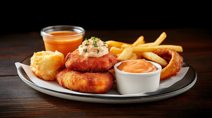A delightful assortment of savory, golden, crispy fried chicken, fries, and onion rings, accompanied by a variety of dipping sauces, is perfect for a hearty and satisfying meal.