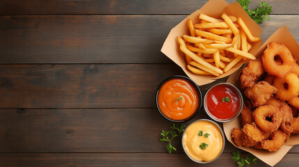 A delightful assortment of savory, golden, crispy fried chicken, fries, and onion rings, accompanied by a variety of dipping sauces, is perfect for a hearty and satisfying meal.