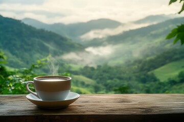 Enjoying a steaming cup of coffee with a breathtaking view of lush green mountains, Steaming coffee cup with view of lush green mountains and valley Morning and nature concept