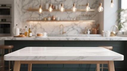 White matte wooden table with elegant breakfast bar background, high-end mockup for beverage and gourmet branding