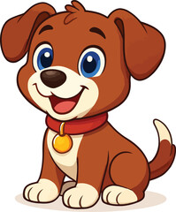 Cheerful Cartoon Puppy with Blue Eyes and Red Collar Sitting Happily Vector Illustration