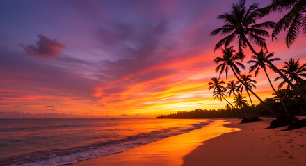 Stunning Tropical Sunset Beach with Palm Trees and Colorful Sky at Dusk