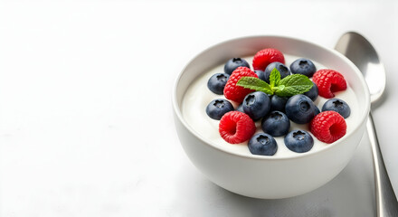 Yogurt, Blueberries, Raspberries, Yogurt with Blueberries and Raspberries