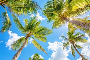 Fototapeta premium Coconut palm trees sway gently against a bright blue sky with fluffy clouds in a tropical paradise, Relaxing tropical nature Coconut palm trees against blue sky idyllic scene