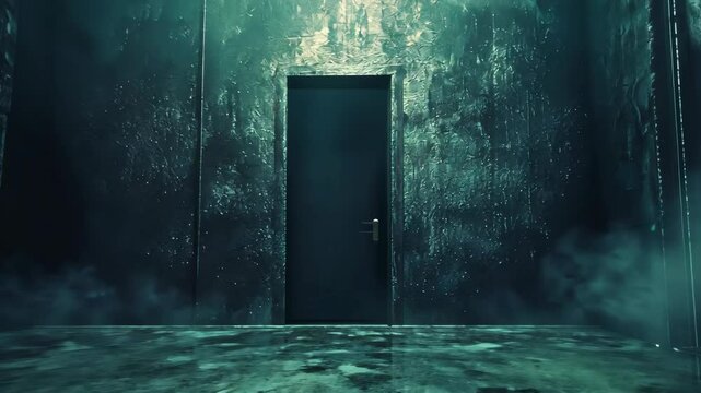 Dark, eerie corridor with a closed door; damp walls, smoky atmosphere, mysterious
