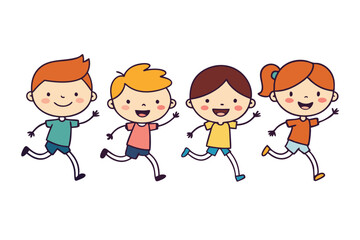 Cheerful Cartoon Children Running and Smiling Together on White Background in Playful Illustration