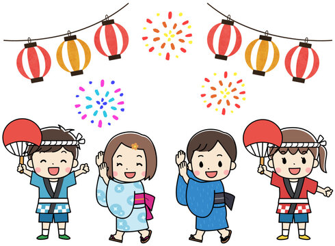 夏祭りを楽しむ浴衣と法被を着た子供たちのイラスト
