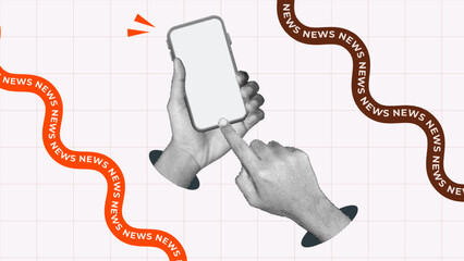 halftone collage, human hand holding smartphone and touching blank screen, and kinetic text of news, media concept