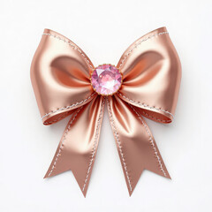 A stylized ribbon bow rendered in soft metallic rose gold hues, with gradient reflections and delicate shimmer along the surface