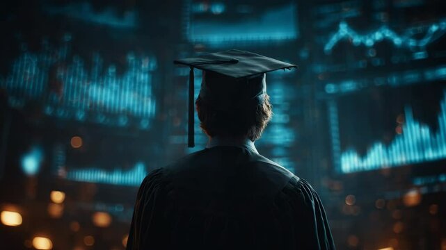 A graduation man with a cap stands in front of a bright computer screen that is populated with statistics and data graphs. The idea of virtual learning