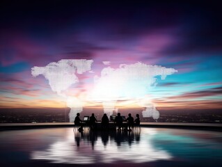 Silhouette of people seated around a table, on a rooftop overlooking a city at sunset.  A translucent world map appears above them