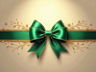 An ornate festive-style image featuring a vivid emerald green bow with gold-trimmed edges, positioned at the top center of the composition