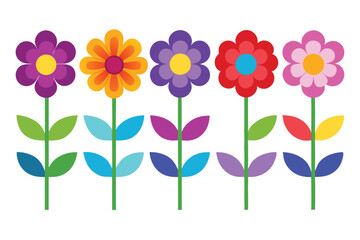 Colorful Cartoon Flowers with Simple Geometric Shapes on White Background Illustration